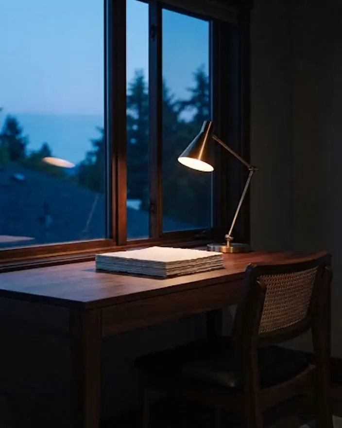 Arbeitsplatz am Fenster in der Abenddämmerung mit Messinglampe und Papierstapel