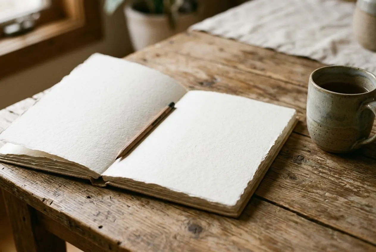 Aufgeschlagenes leeres Notizbuch mit Bleistift und Tasse