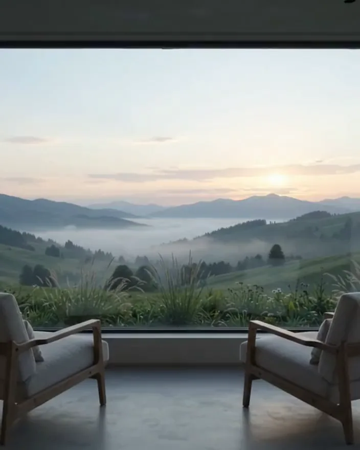 Zwei Sessel vor einer großen Fensterfront mit Blick auf Hügel im Morgennebel