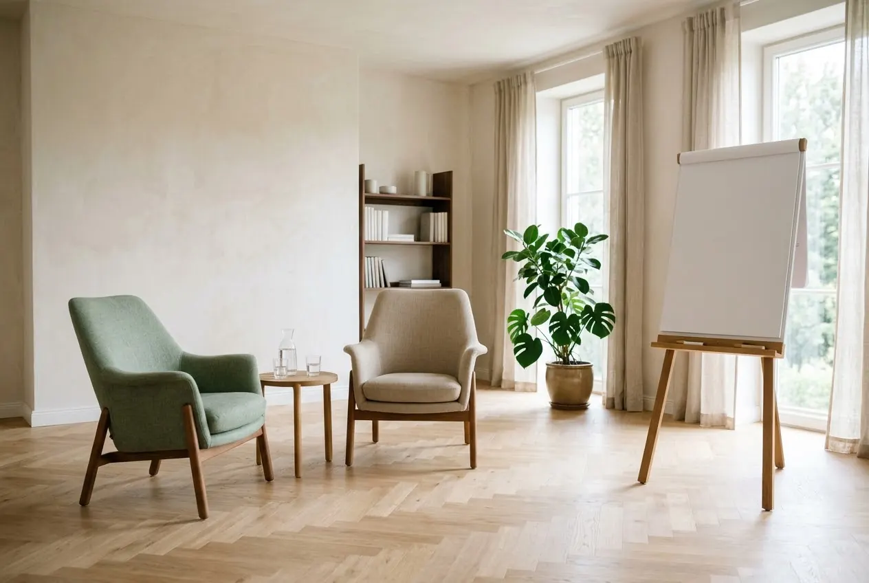 Heller Raum mit zwei Sesseln, Pflanze und leerem Flipchart