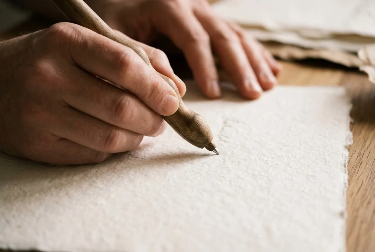 Hand schreibt mit einem dicken Holzstift auf Papier