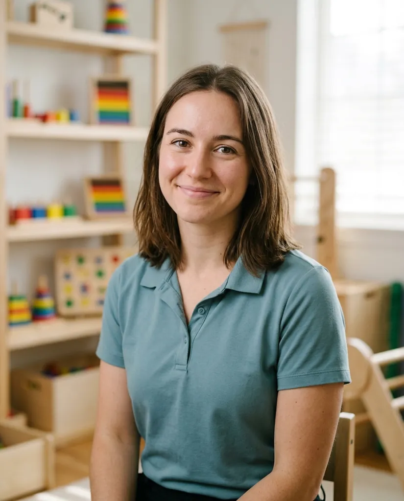 Porträt einer Beispielperson (KI-generiert): Frau im Poloshirt vor einem Regal mit Spielmaterial