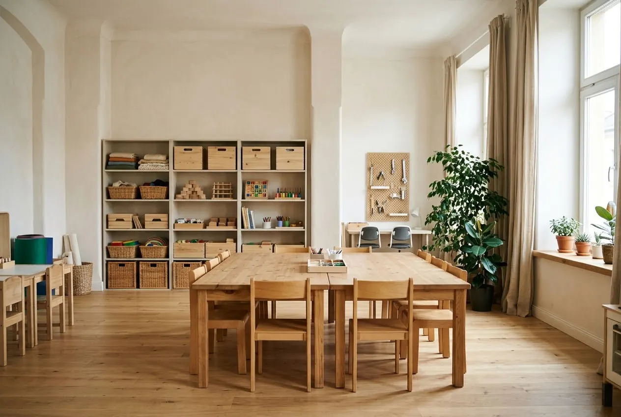 Therapieraum mit großem Holztisch, Regalen und Materialkisten