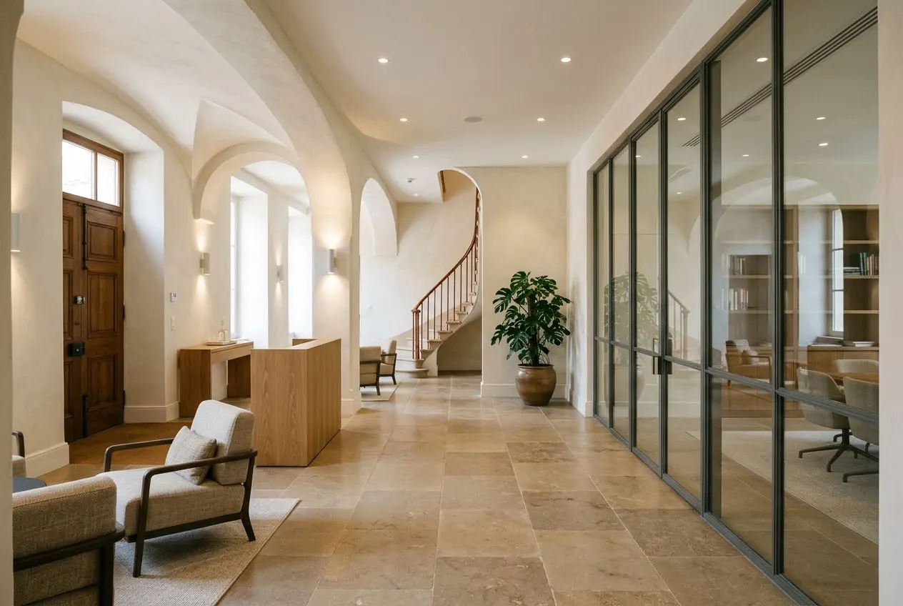 Empfangsbereich eines Altbaus mit Gewölbe und Treppe