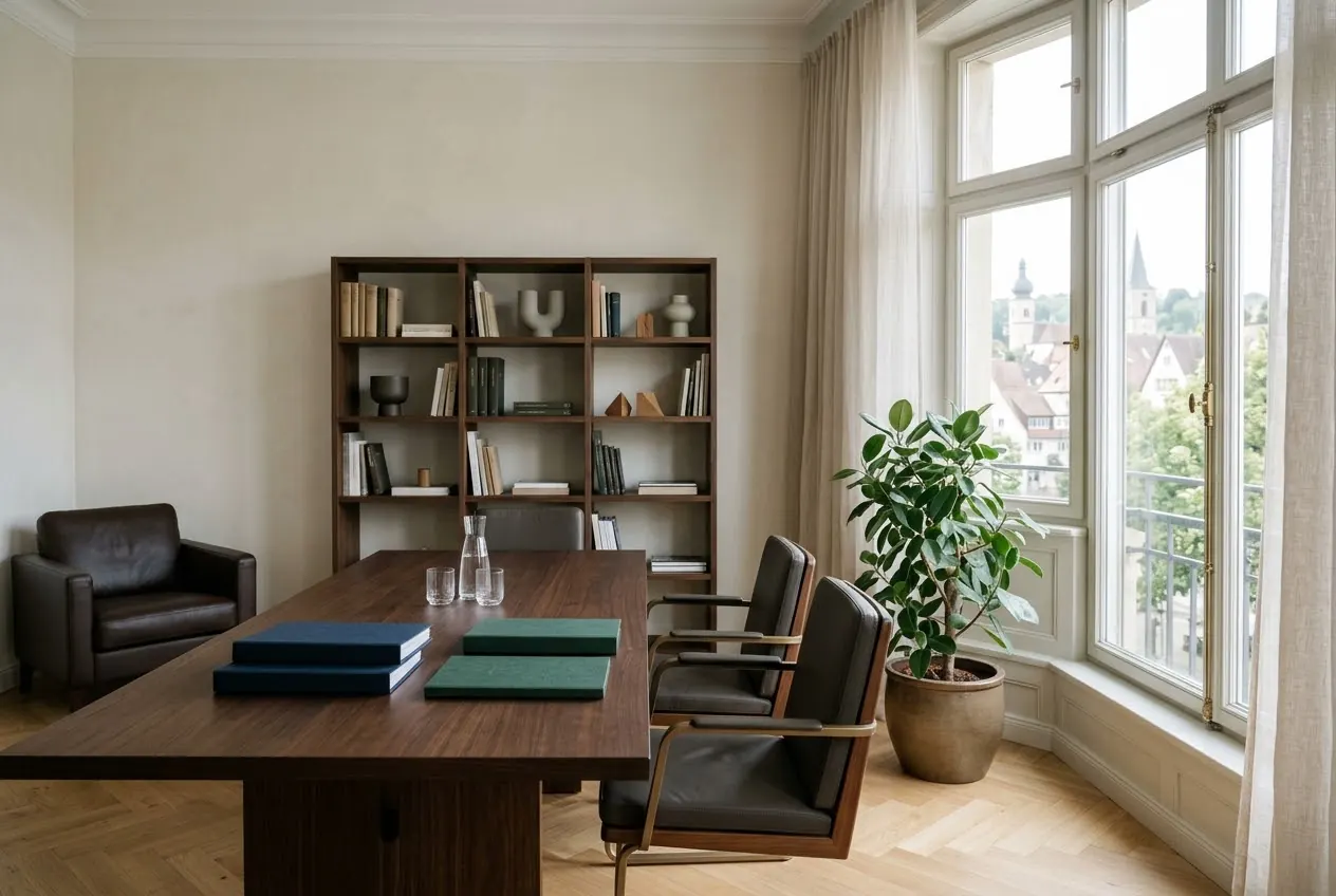 Besprechungsraum mit Holztisch, Stühlen und Bücherregal