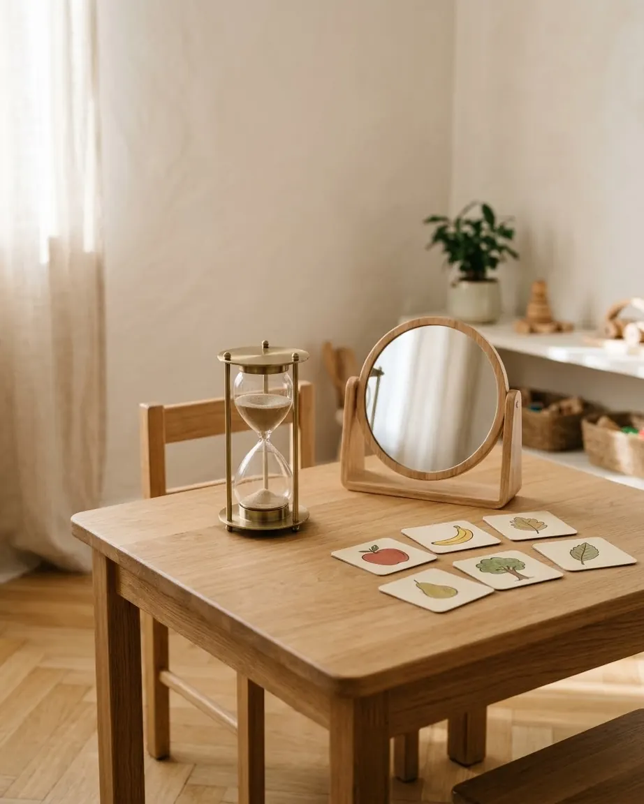 Kleiner Tisch mit Sanduhr, Spiegel und Bildkarten