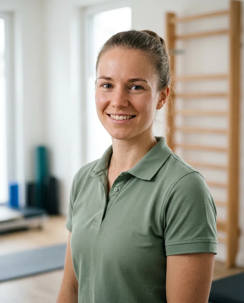 Porträt einer Beispielperson (KI-generiert): Frau im Poloshirt vor einer Sprossenwand