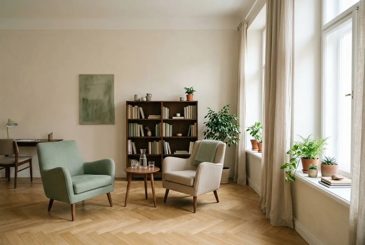 Gesprächsraum mit zwei Sesseln, Bücherregal und Pflanzen am Fenster